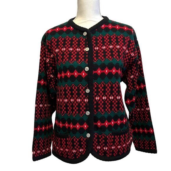 Vintage Tally Ho Grandmacore Holiday Plaid‎ Christmas Cardigan Sweater M - Picture 4 of 8